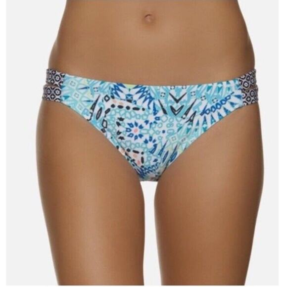 Prana Swimwear Women’s Medium Bikini Bottom Teal Blue Paisley Hip Straps - Picture 1 of 6
